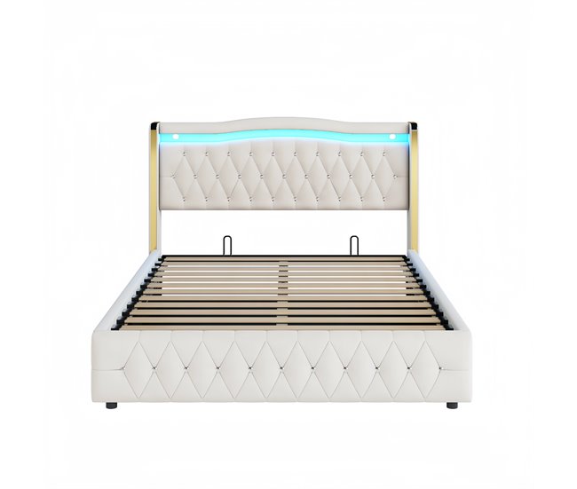Conforama Cama contenedor acolchada 140x200 cm con iluminación LED - tejido de terciopelo - Beige