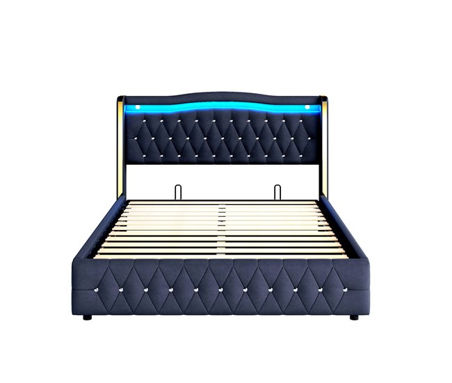 Conforama Cama contenedor acolchada 140x200 cm con iluminación LED - tejido de terciopelo - Negro