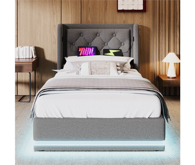 Conforama Cama Contenedor Acolchada De 90 X 200 Cm En Tejido De Algodón - Con Función De Carga Y LED A Los Pies De La Cama - Gris