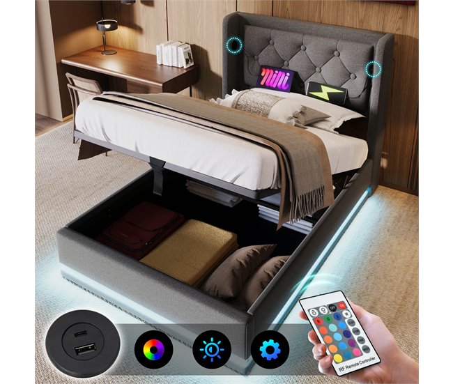 Conforama Cama Contenedor Acolchada De 90 X 200 Cm En Tejido De Algodón - Con Función De Carga Y LED A Los Pies De La Cama - Gris