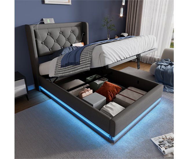 Conforama Cama Contenedor Acolchada De 90 X 200 Cm En Tejido De Algodón - Con Función De Carga Y LED A Los Pies De La Cama - Gris