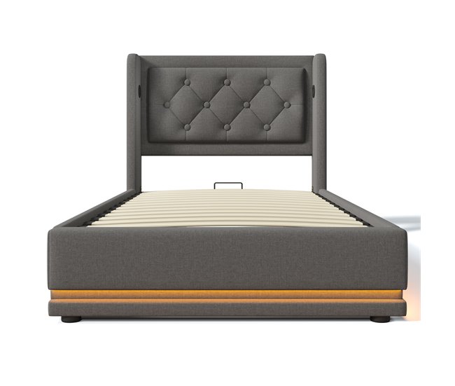 Conforama Cama contenedor acolchada de 90 x 200 cm en tejido de algodón - con función de carga y LED a los pies de la cama - Gris