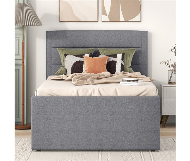Conforama Cama Contenedor Con Somier De Láminas - 90x200 Cm - Tela De Lino - Gris