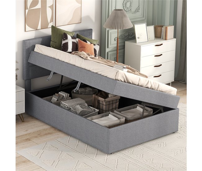 Conforama Cama Contenedor Con Somier De Láminas - 90x200 Cm - Tela De Lino - Gris