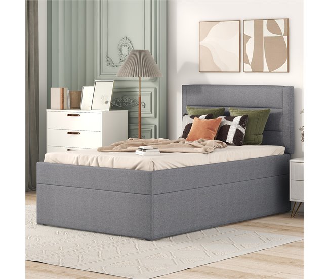 Conforama Cama Contenedor Con Somier De Láminas - 90x200 Cm - Tela De Lino - Gris