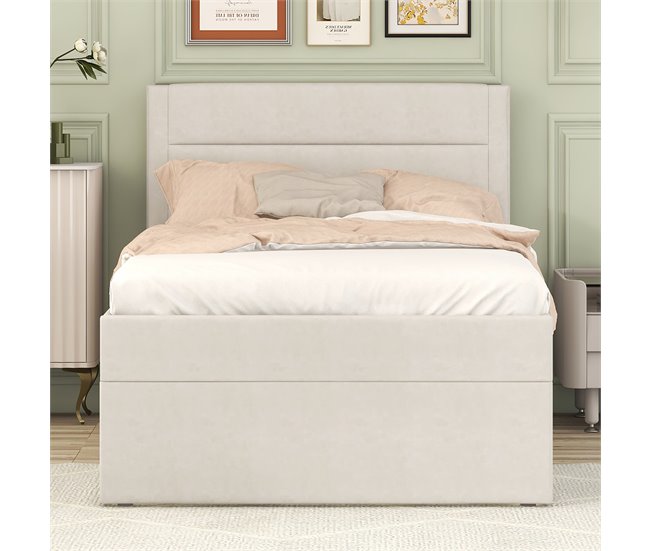 Conforama Cama Contenedor Con Somier De Láminas - 90x200 Cm - Tela De Lino - Beige
