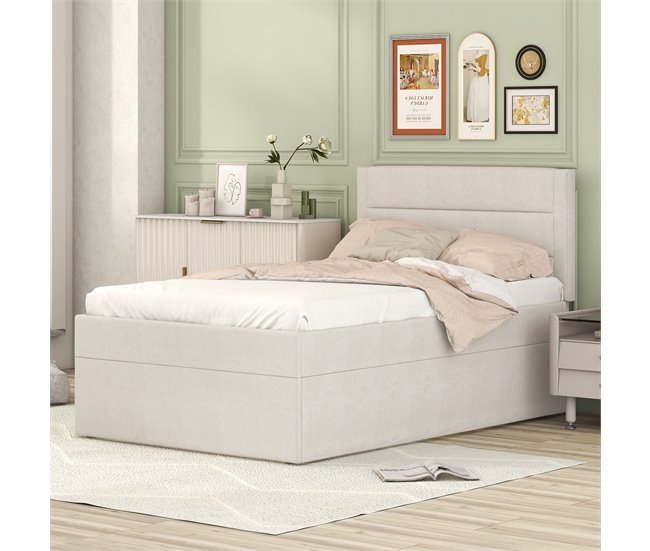 Conforama Cama Contenedor Con Somier De Láminas - 90x200 Cm - Tela De Lino - Beige