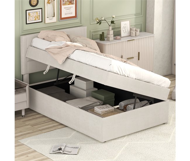 Conforama Cama Contenedor Con Somier De Láminas - 90x200 Cm - Tela De Lino - Beige