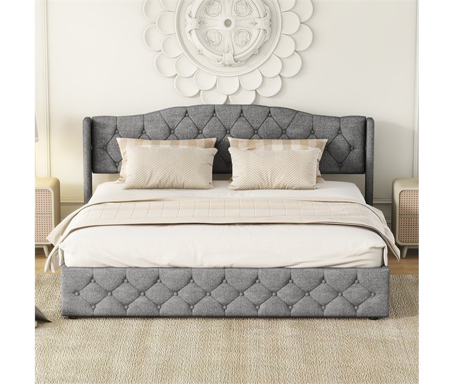 Conforama Cama Contenedor Con Somier - Tela De Lino - 180x200cm - Gris
