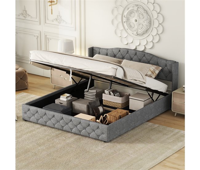 Conforama Cama Contenedor Con Somier - Tela De Lino - 180x200cm - Gris