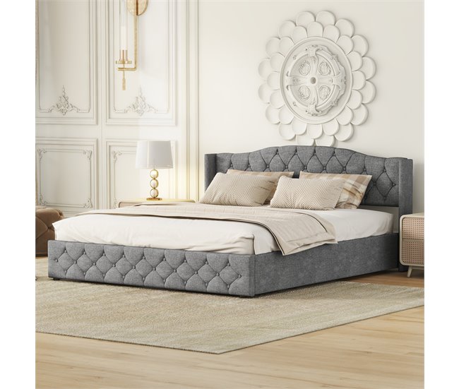 Conforama Cama Contenedor Con Somier - Tela De Lino - 180x200cm - Gris
