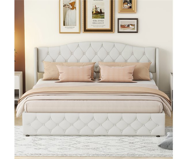 Conforama Cama Contenedor Con Somier - Tela De Lino - 180x200cm - Blanco