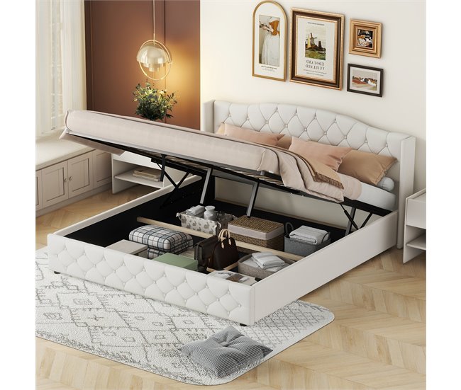 Conforama Cama Contenedor Con Somier - Tela De Lino - 180x200cm - Blanco