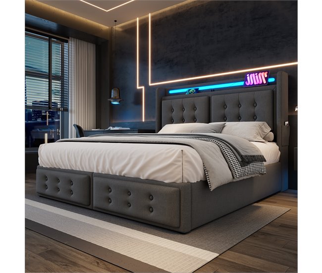 Conforama Cama Contenedor De 160x200 Cm En Tela De Lino - Con LED Y Puertos De Carga - Gris