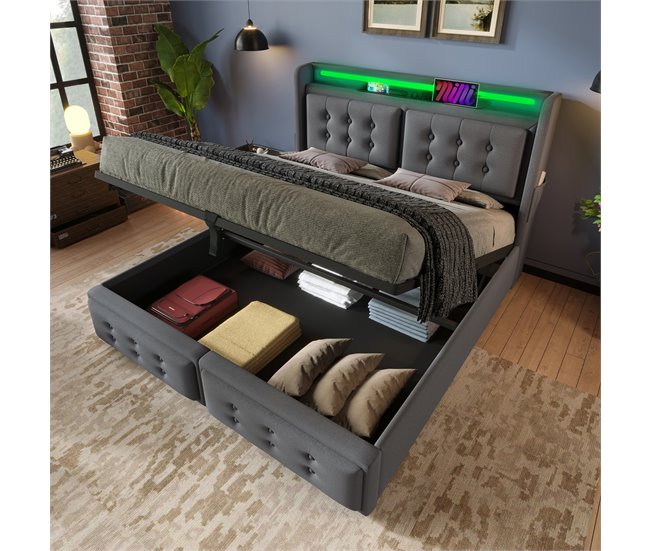Conforama Cama Contenedor De 160x200 Cm En Tela De Lino - Con LED Y Puertos De Carga - Gris