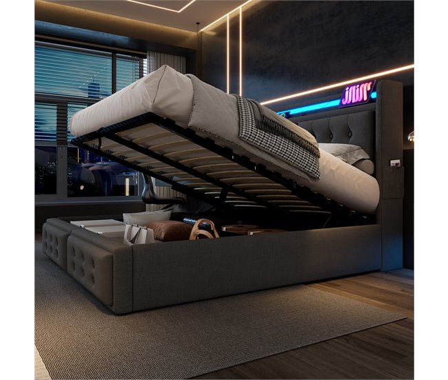 Conforama Cama Contenedor De 160x200 Cm En Tela De Lino - Con LED Y Puertos De Carga - Gris