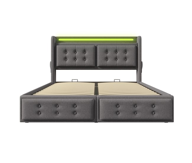 Conforama Cama contenedor de 160x200 cm en tela de lino - con LED y puertos de carga - Gris
