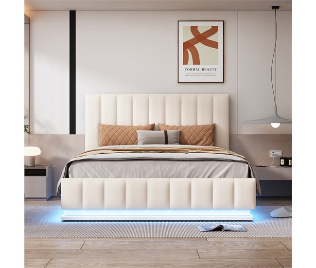 Conforama Cama Contenedor De Piel Sintética Con LED + Somier + Cabecero Ajustable - 140x200cm - Blanco