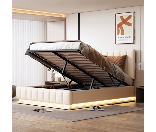 Conforama Cama Contenedor De Piel Sintética Con LED + Somier + Cabecero Ajustable - 140x200cm - Blanco