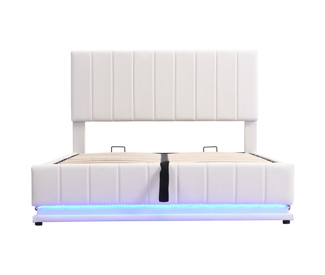 Conforama Cama contenedor de piel sintética con LED + somier + cabecero ajustable - 140x200cm - Blanco