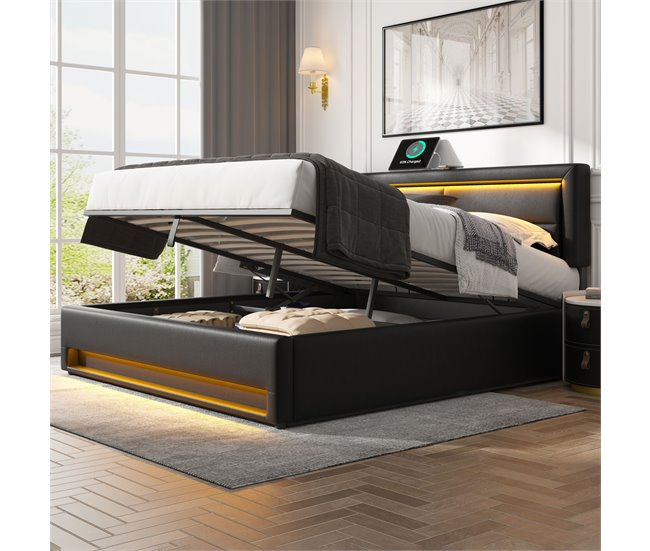 Conforama Cama Contenedor De Piel Sintética De 160x200 Cm Con LED - Con Puertos De Carga (por Cable E Inalámbrico) - Gris