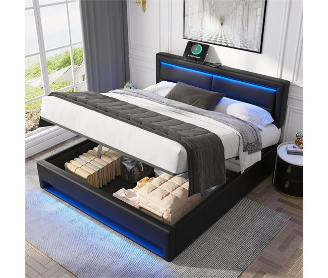 Conforama Cama Contenedor De Piel Sintética De 160x200 Cm Con LED - Con Puertos De Carga (por Cable E Inalámbrico) - Gris