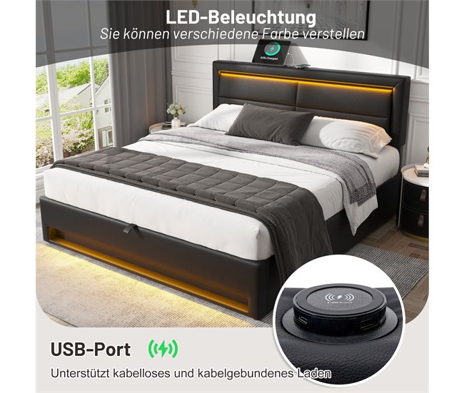 Conforama Cama Contenedor De Piel Sintética De 160x200 Cm Con LED - Con Puertos De Carga (por Cable E Inalámbrico) - Gris