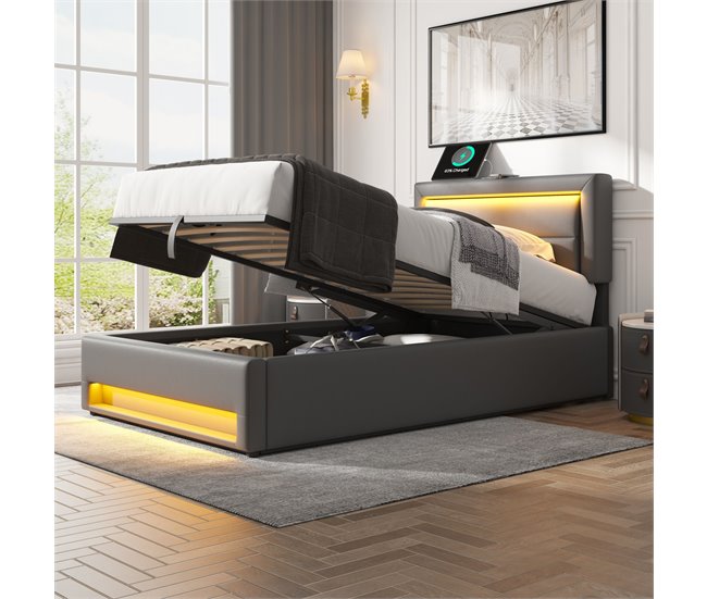 Conforama Cama Contenedor De Piel Sintética De 90x200 Cm Con LED - Con Puertos De Carga (por Cable E Inalámbrico) - Gris