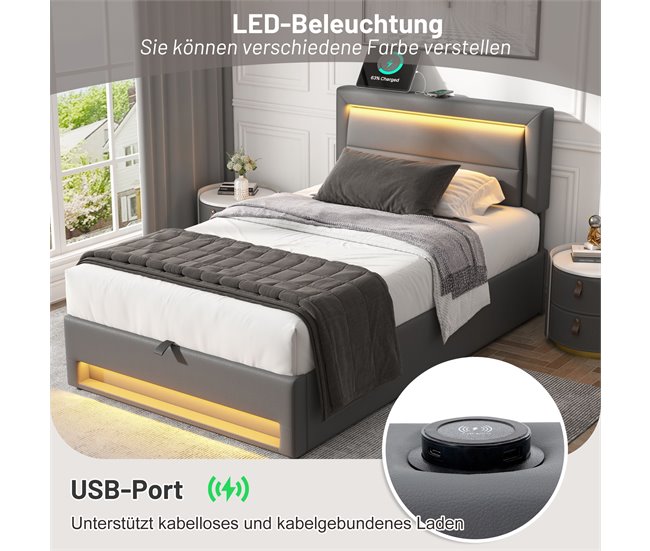 Conforama Cama Contenedor De Piel Sintética De 90x200 Cm Con LED - Con Puertos De Carga (por Cable E Inalámbrico) - Gris