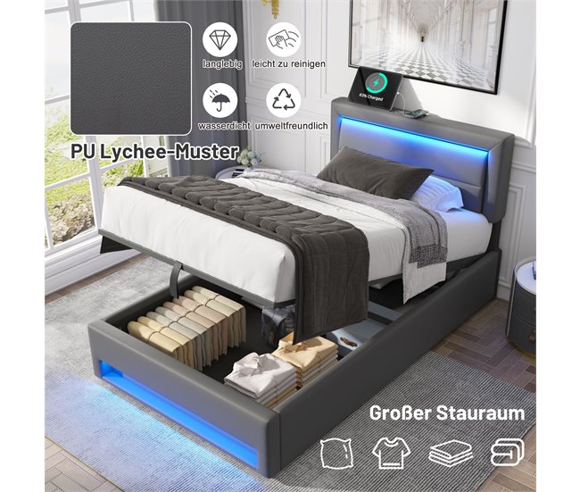 Conforama Cama Contenedor De Piel Sintética De 90x200 Cm Con LED - Con Puertos De Carga (por Cable E Inalámbrico) - Gris
