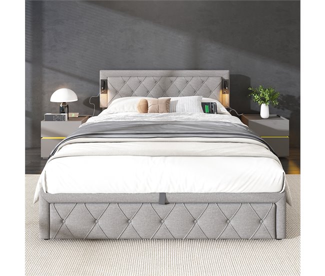 Conforama Cama Contenedor De Tela De Lino 160x200 Cm - Con Luz De Lectura Y Toma USB - Con Somier - Gris