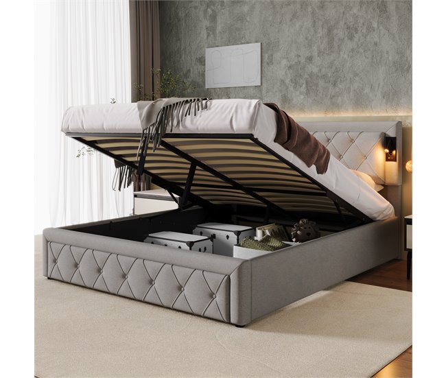Conforama Cama Contenedor De Tela De Lino 160x200 Cm - Con Luz De Lectura Y Toma USB - Con Somier - Gris
