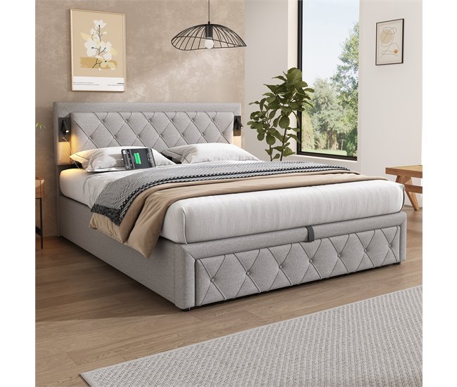 Conforama Cama Contenedor De Tela De Lino 160x200 Cm - Con Luz De Lectura Y Toma USB - Con Somier - Gris