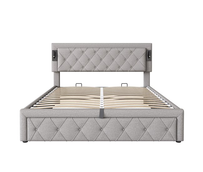 Conforama Cama contenedor de tela de lino 160x200 cm - con luz de lectura y toma USB - con somier - Gris