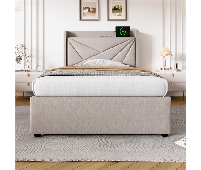 Conforama Cama Contenedor De Tela De Lino 90x200 Cm - Con Puerto USB Y Somier - Beige