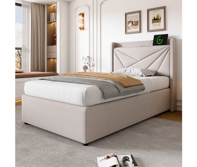 Conforama Cama Contenedor De Tela De Lino 90x200 Cm - Con Puerto USB Y Somier - Beige