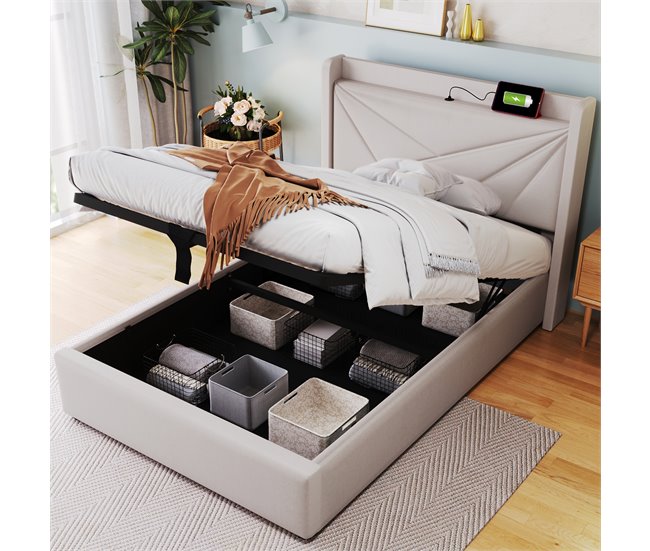 Conforama Cama Contenedor De Tela De Lino 90x200 Cm - Con Puerto USB Y Somier - Beige