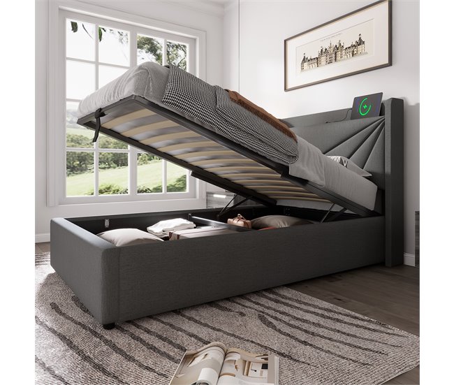 Conforama Cama Contenedor De Tela De Lino 90x200 Cm - Con Puerto USB Y Somier - Gris