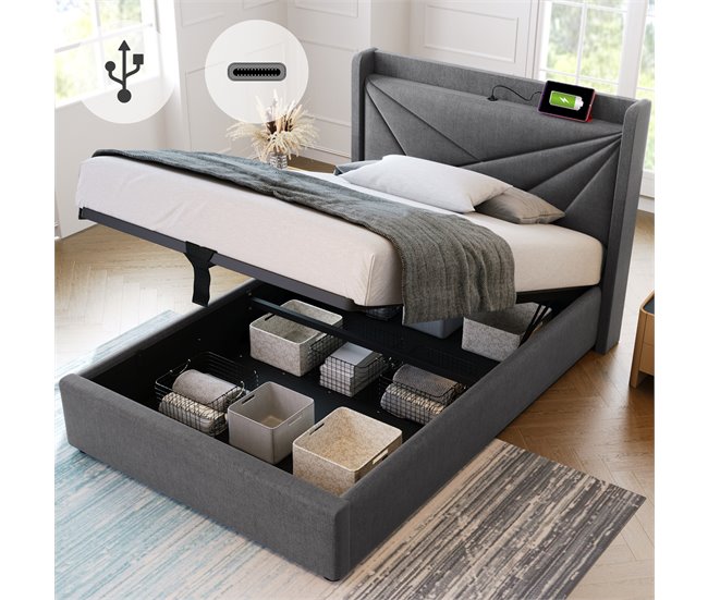 Conforama Cama Contenedor De Tela De Lino 90x200 Cm - Con Puerto USB Y Somier - Gris