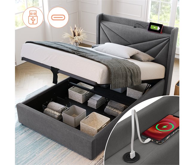 Conforama Cama Contenedor De Tela De Lino 90x200 Cm - Con Puerto USB Y Somier - Gris