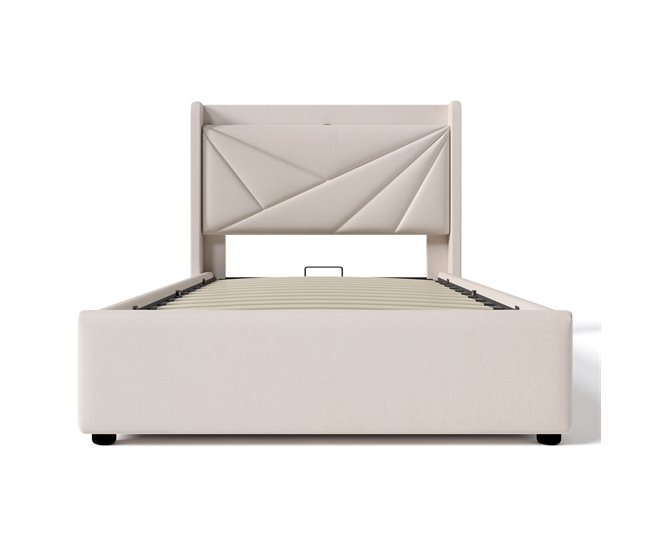 Conforama Cama contenedor de tela de lino 90x200 cm - con puerto USB y somier - Beige