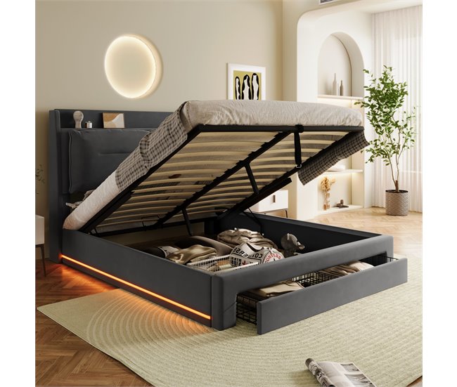 Conforama Cama Contenedor De Terciopelo - 140x200cm - Con 2 Cajones Y LED Empotrado A Los Pies De La Cama - Gris (sin Colchón)