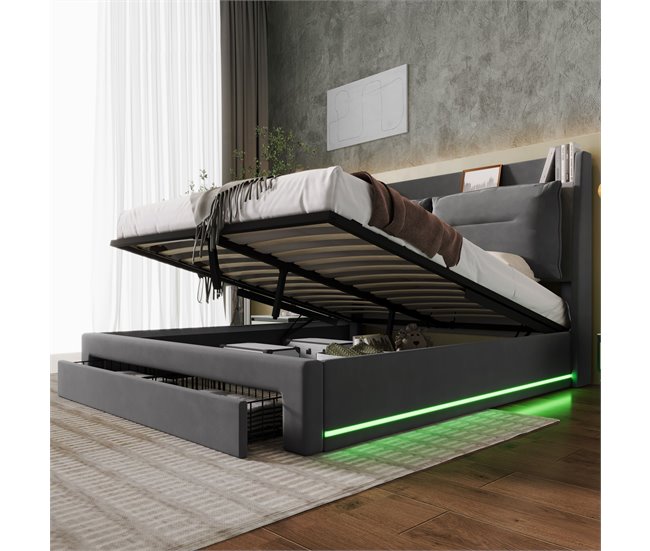 Conforama Cama Contenedor De Terciopelo - 140x200cm - Con 2 Cajones Y LED Empotrado A Los Pies De La Cama - Gris (sin Colchón)