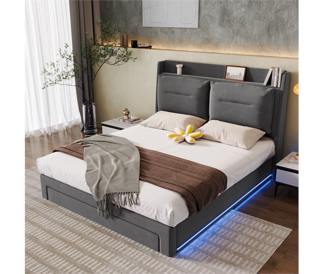 Conforama Cama Contenedor De Terciopelo - 140x200cm - Con 2 Cajones Y LED Empotrado A Los Pies De La Cama - Gris (sin Colchón)
