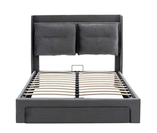 Conforama Cama contenedor de terciopelo - 140x200cm - con 2 cajones y LED empotrado a los pies de la cama - Gris (sin colchón)
