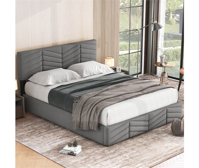 Conforama Cama Contenedor De Terciopelo Con Somier De Láminas + Cabecero Ajustable - 140x200cm - Gris