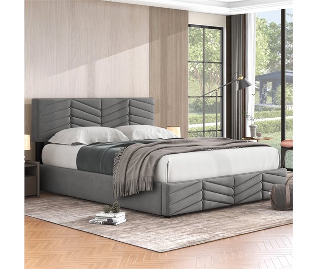 Conforama Cama Contenedor De Terciopelo Con Somier De Láminas + Cabecero Ajustable - 140x200cm - Gris