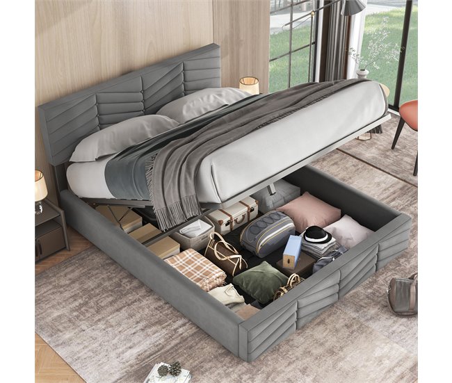 Conforama Cama Contenedor De Terciopelo Con Somier De Láminas + Cabecero Ajustable - 140x200cm - Gris