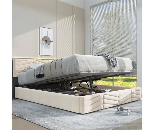 Conforama Cama Contenedor De Terciopelo Con Somier De Láminas + Cabecero Ajustable - 140x200cm - Beige