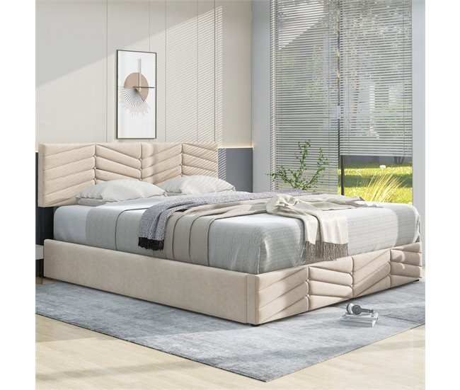 Conforama Cama Contenedor De Terciopelo Con Somier De Láminas + Cabecero Ajustable - 140x200cm - Beige